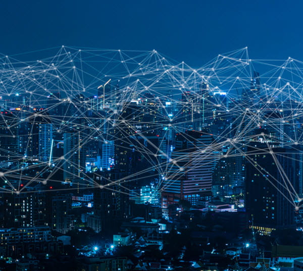 city night photo showing connectivity illustrative lines